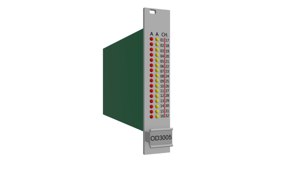 Card with 32 open collector, non-controlled Output channels of 250mA. This card effects status and functionality checks, but does not monitor the control channels.